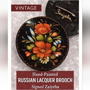 Vintage Hand-Painted Russian Lacquer Floral Brooch | Signed Zaiyeba